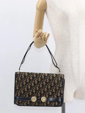 Christian Dior Trotter Canvas Shoulder Bag Navy Gold